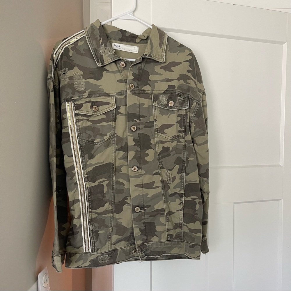 Zara Distressed Denim Camouflage Jacket